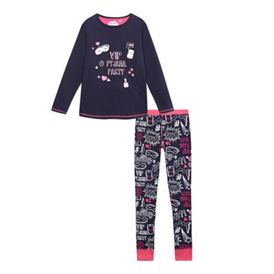 bluezoo Girls' navy 'VIP pyjama party' print top and bottoms pyjama set